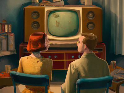 A couple sits around a 50's TV set watching the news, Aschcan School like painting, digital art